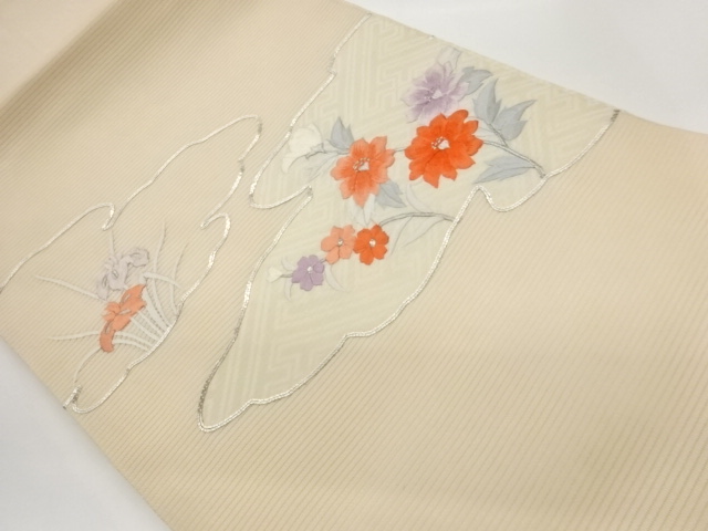 絽銀駒刺繍霞に菖蒲・花々模様名古屋帯